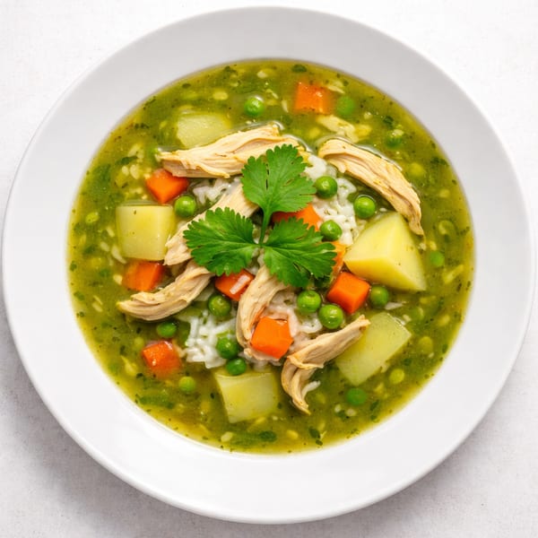 Green chicken soup with rice, potatoes, carrots, peas, and cilantro in a white bowl.