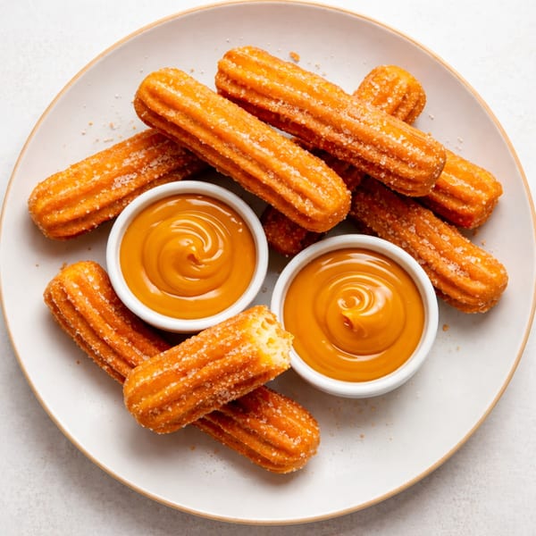 Golden churros dusted with sugar, arranged on a white plate with two small bowls of caramel dipping sauce.